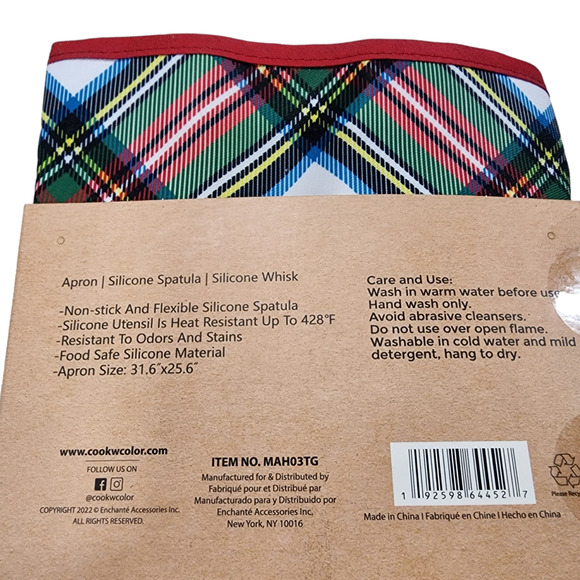 CWC Cook With Color Happy Holidays 3pc Baking Set Plaid Apron Spatula Whisk - Picture 3 of 3